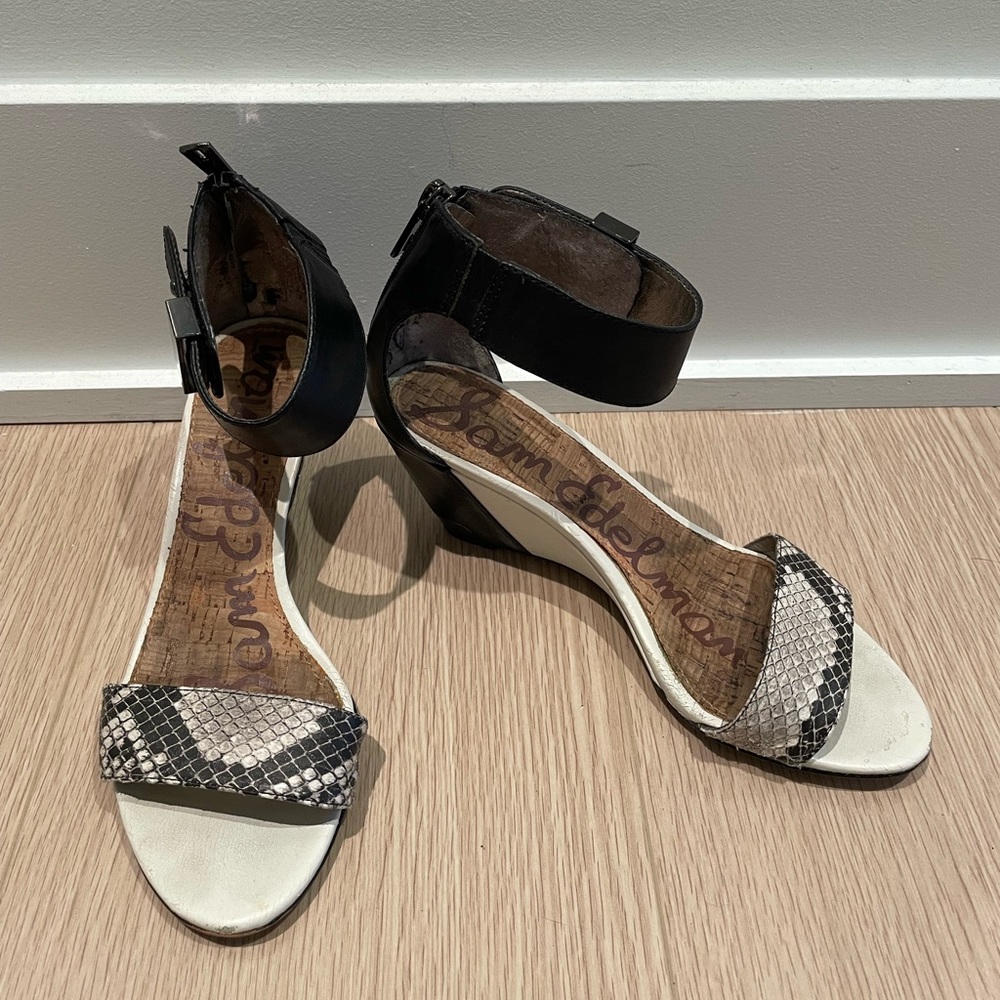 Sam Edelman Black & White Snakeskin Wedge Sandals